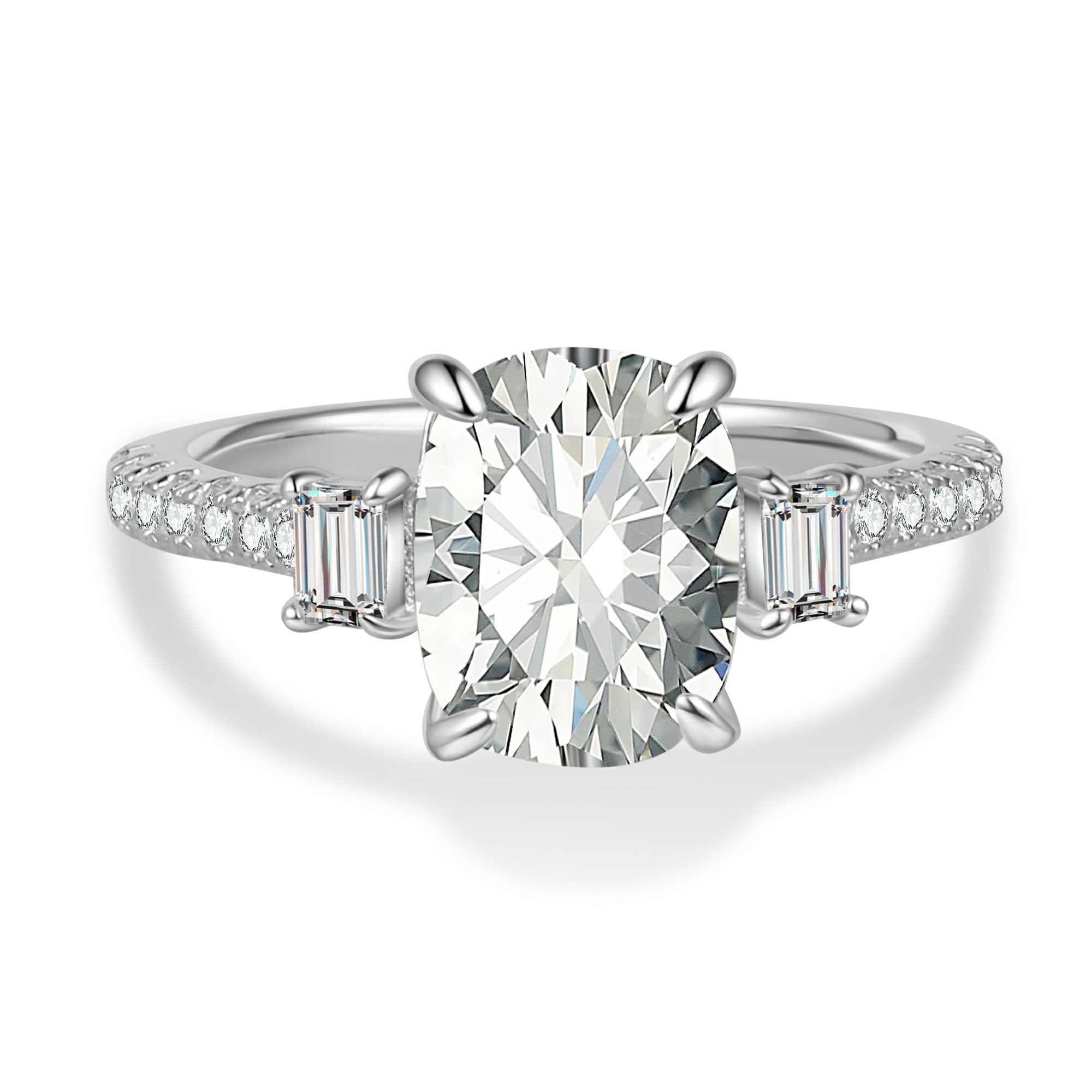 Cushion Cut Moissanite Three-Stone Engagement Ring