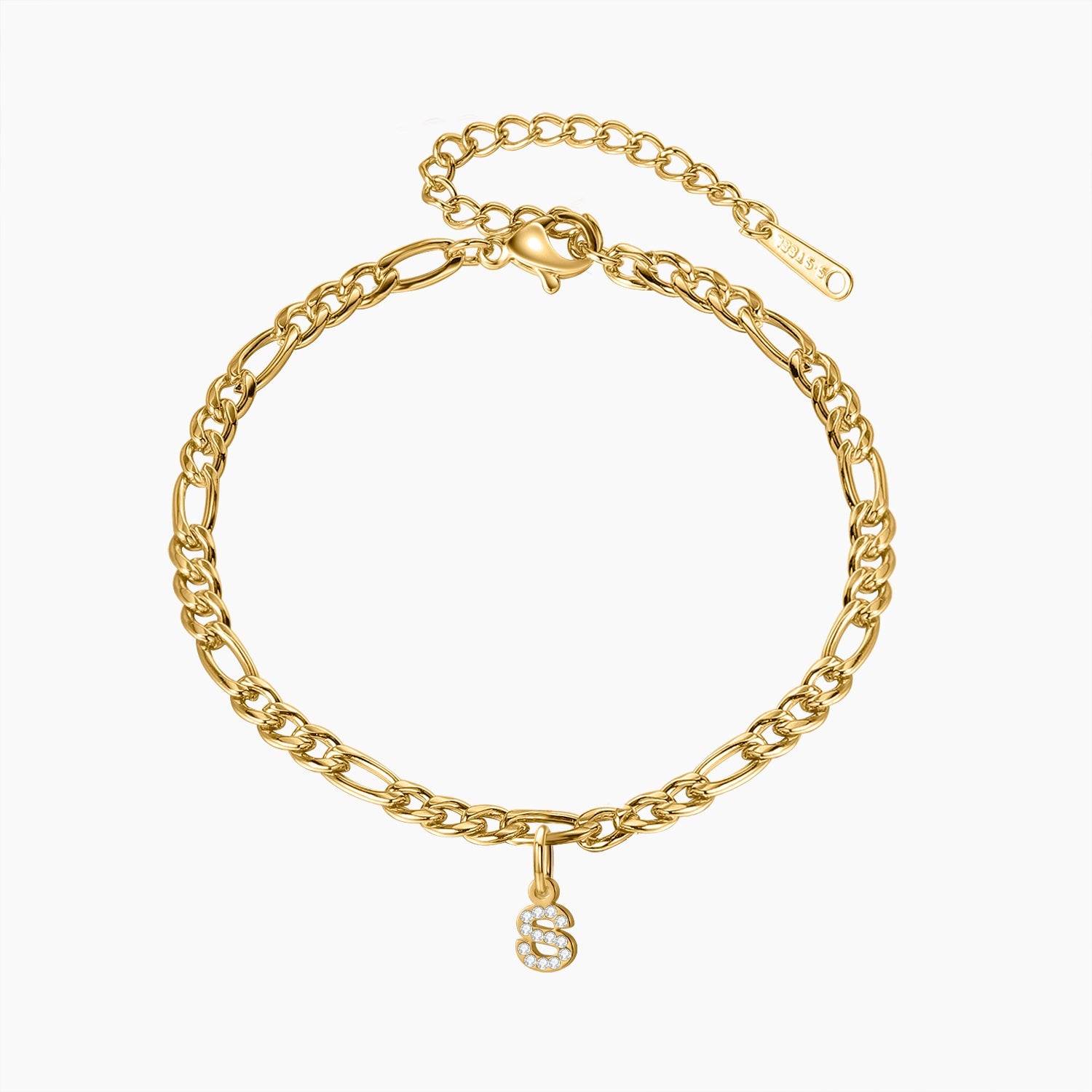 Stylish Iced Letter Anklet with Figaro Chain
