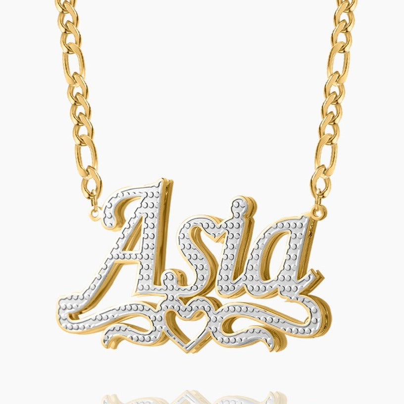 Double Heart Name Necklace with Figaro Chain