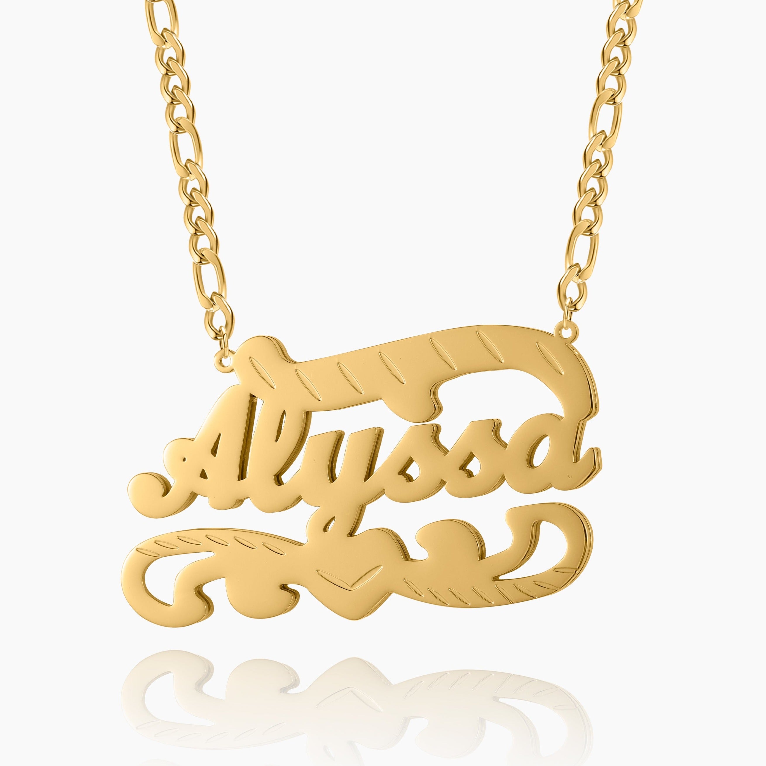 Double Plated Heart Name Necklace with Figaro Chain