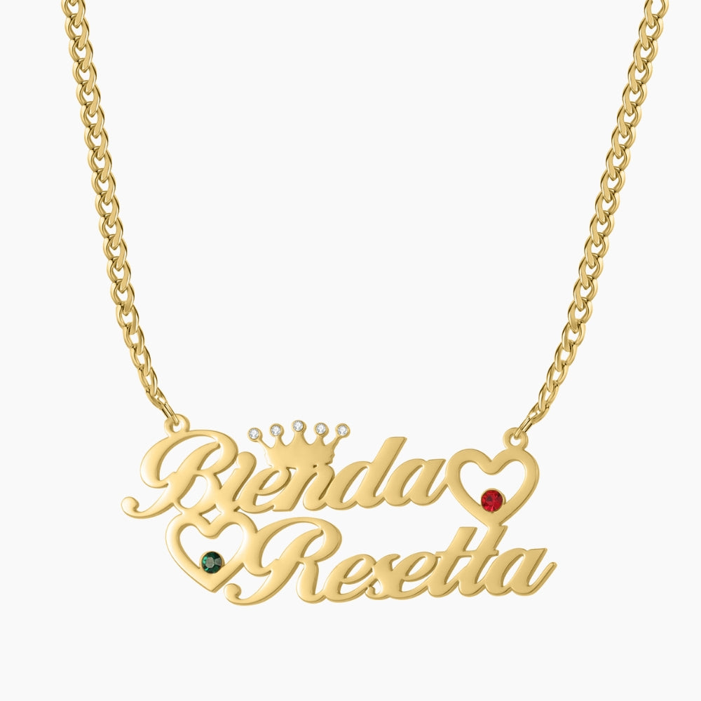 Double Heart Name Pendant on Cuban Chain