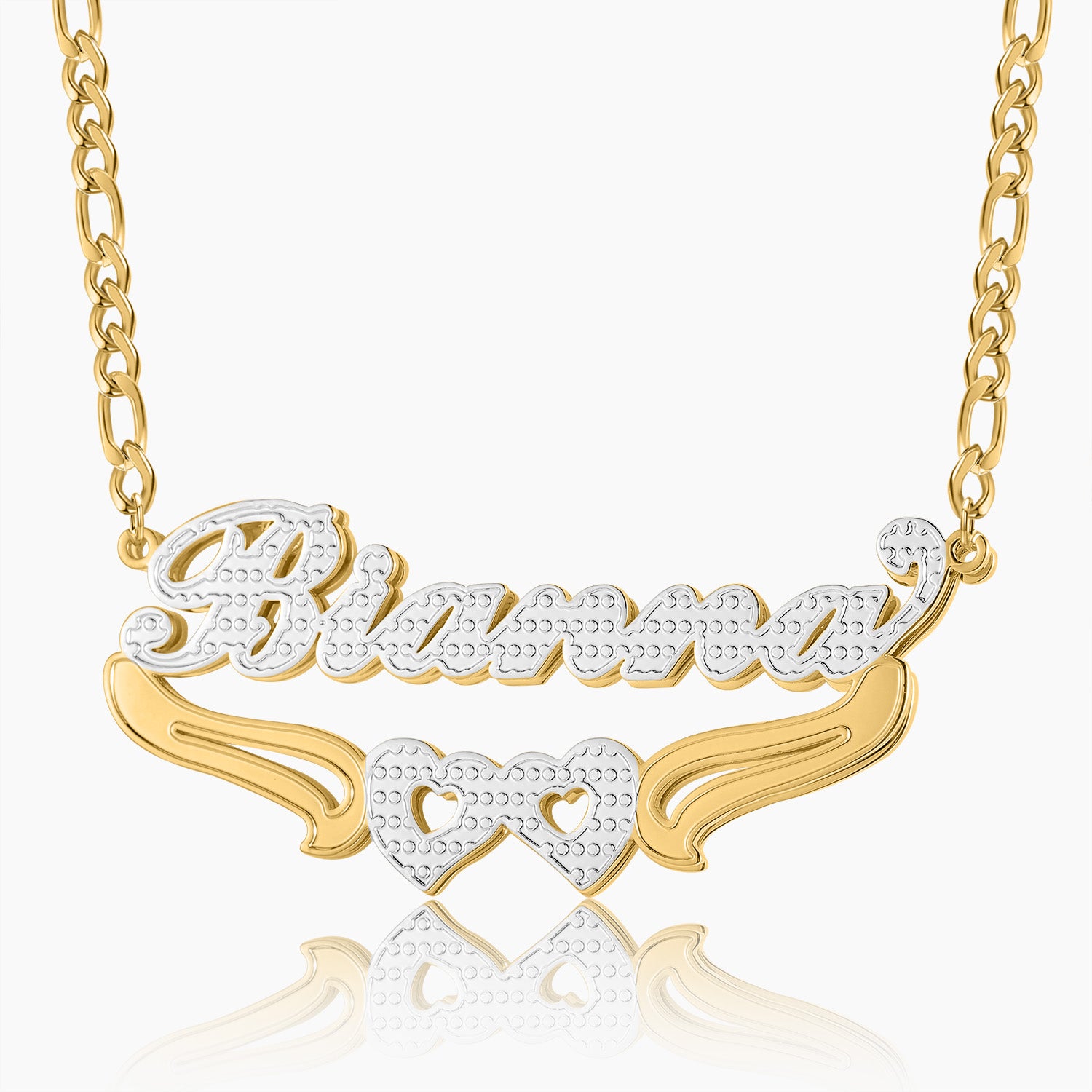 Double Heart Name Necklace for Kids with Figaro Chain