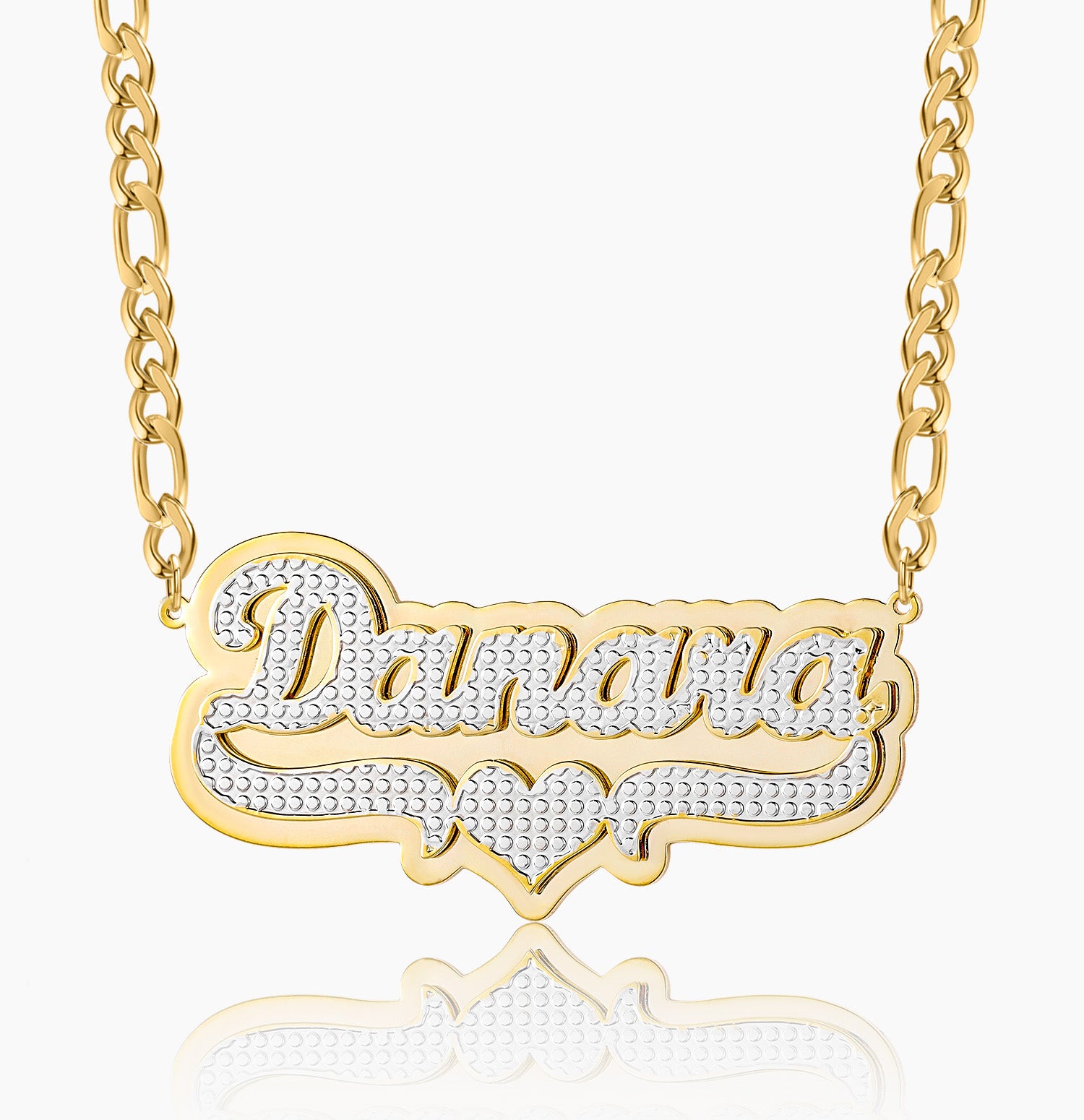Double Heart Name Necklace with Figaro Chain