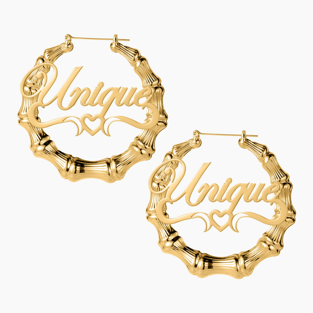 Bamboo Heart Hoop Earrings with Name Engraving